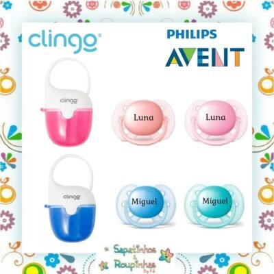Philips Avent/Clingo - Kit Porta Chupetas e Chupetas com gravação a laser