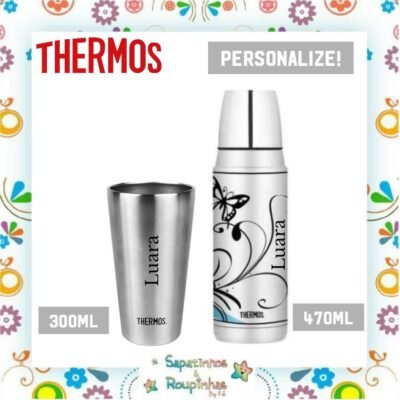 Thermos - Kit Garrafa Térmica Borboletas 470ml e Copo Térmico 300ml com gravação a laser