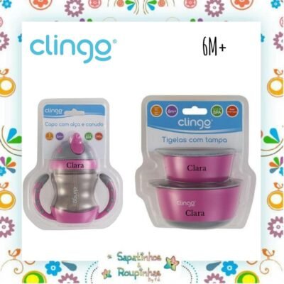 Clingo - Kit Tigelas c/Tampa e Copo c/Canudo 6M+ Rosa com gravação a laser 