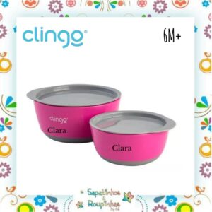 Clingo - Kit Tigelas c/Tampa e Copo c/Canudo 6M+ Rosa com gravação a laser  - Imagem 4
