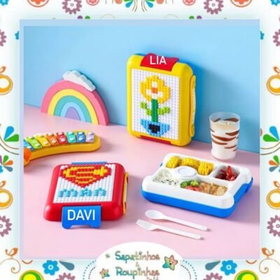 Bento box modelo LEGO com pecinhas para montar a tampa e com gravação a laser