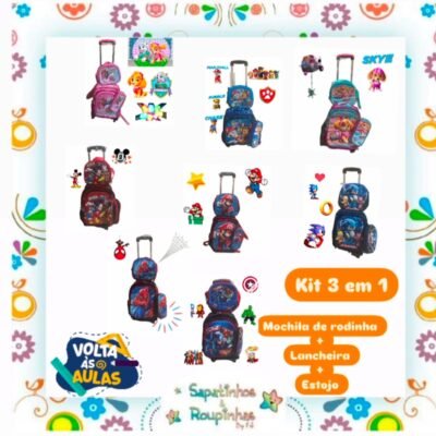 Kit 3 em 1 – Mochila de Rodinha + Lancheira + Estojo de Personagens