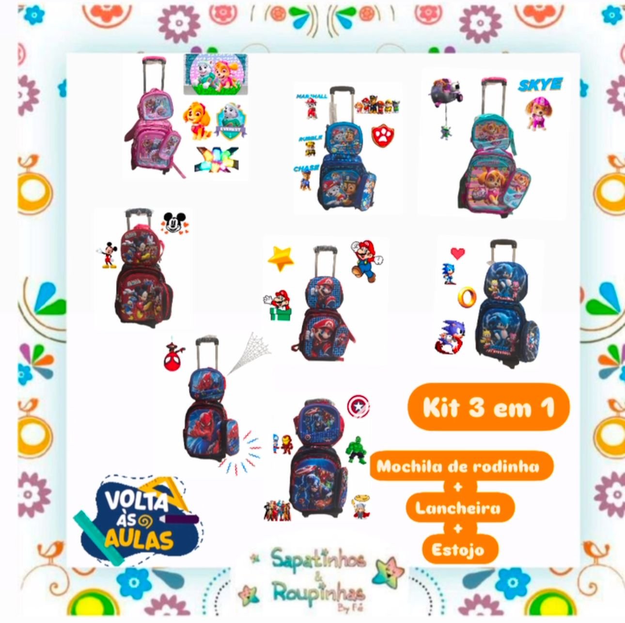 Kit 3 em 1 – Mochila de Rodinha + Lancheira + Estojo de Personagens