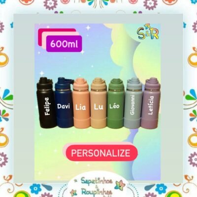 S&R - Garrafa Térmica 600ml sem  Canudo com base de silicone personalizada 