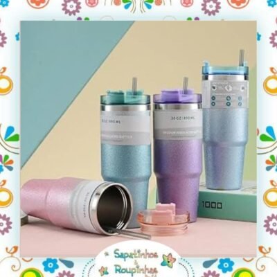 S&R - Copo Mug térmico 890ml com canudo, tampa e glitter brilhoso